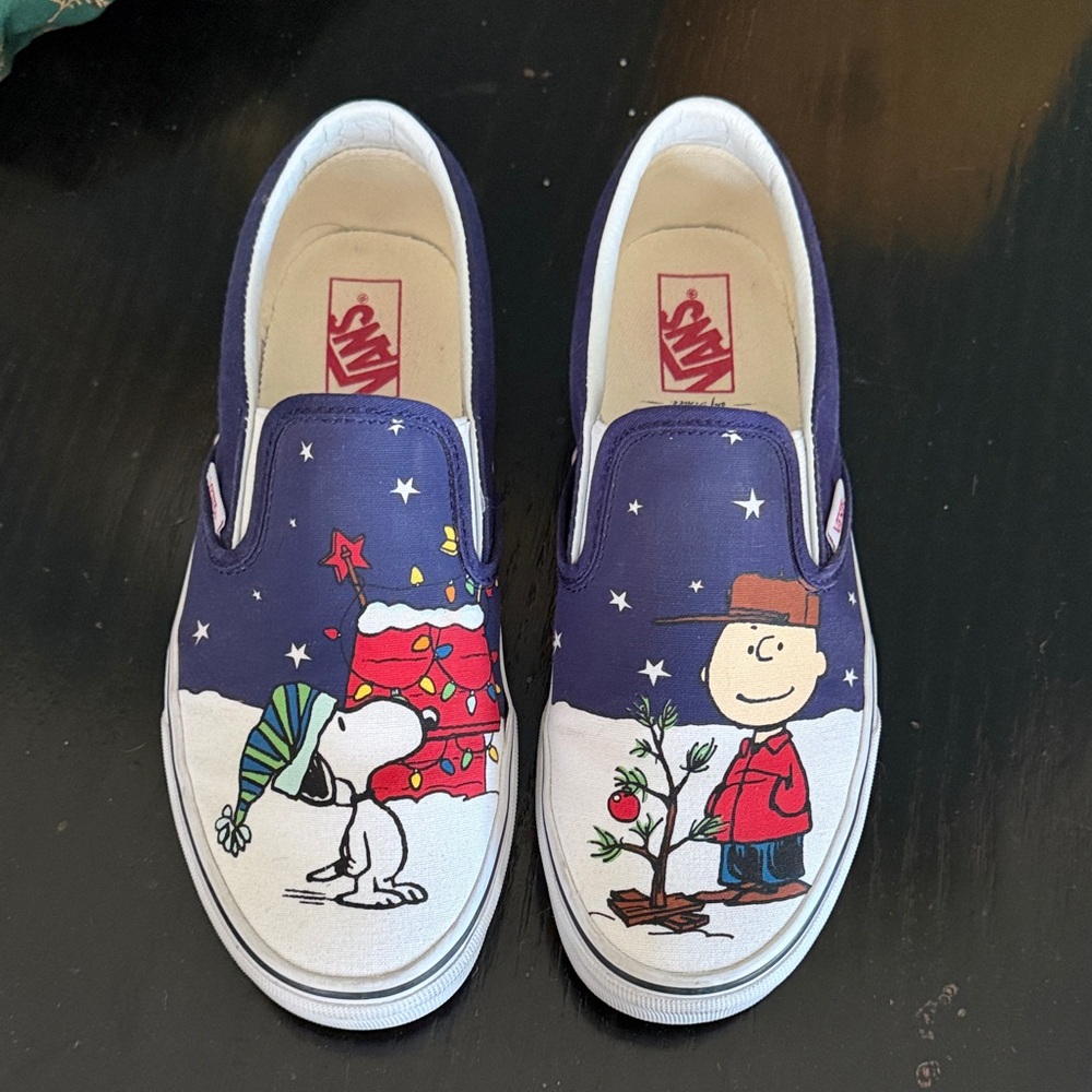 Limited Edition Vans Snoopy & Charlie Brown Christmas Slip On Sneakers - W8.5/M7